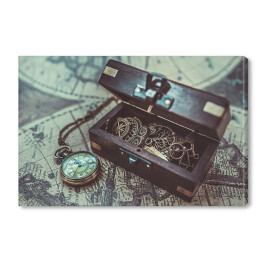 Obraz na płótnie Vintage zegarek - naszyjnik na drewnianej skrzyni 