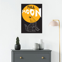 Plakat Wyjący wilk na tle żółtego księżyca - ilustracja