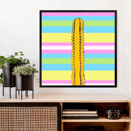 Obraz w ramie Żółty kaktus na tle w w kolorowe pasy