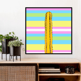 Plakat w ramie Żółty kaktus na tle w w kolorowe pasy