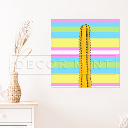 Plakat samoprzylepny Żółty kaktus na tle w w kolorowe pasy