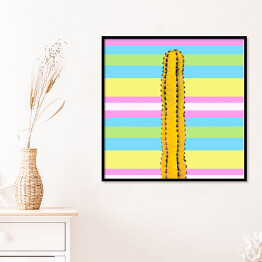 Plakat w ramie Żółty kaktus na tle w w kolorowe pasy