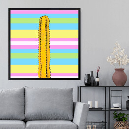 Obraz w ramie Żółty kaktus na tle w w kolorowe pasy