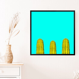 Obraz w ramie Kilka zielonych kaktusów na niebieskim tle