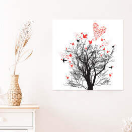 Plakat samoprzylepny Ilustracja - drzewo ozdobione ptakami i sercami