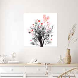 Plakat samoprzylepny Ilustracja - drzewo ozdobione ptakami i sercami
