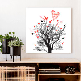 Obraz na płótnie Ilustracja - drzewo ozdobione ptakami i sercami