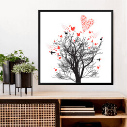 Obraz w ramie Ilustracja - drzewo ozdobione ptakami i sercami