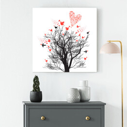 Ilustracja - drzewo ozdobione ptakami i sercami