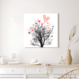 Obraz na płótnie Ilustracja - drzewo ozdobione ptakami i sercami