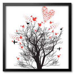 Obraz w ramie Ilustracja - drzewo ozdobione ptakami i sercami