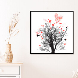 Plakat w ramie Ilustracja - drzewo ozdobione ptakami i sercami