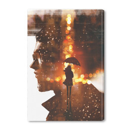 Obraz na płótnie Sylwetka kobiety z parasolem nocą oraz głowa człowieka - podwójna ekspozycja