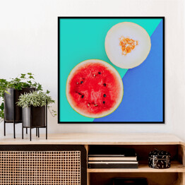 Plakat w ramie Melon i arbuz na niebieskim tle