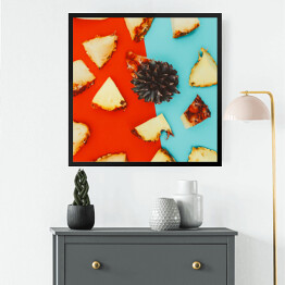 Obraz w ramie Ananas pokrojony na części na kolorowym tle
