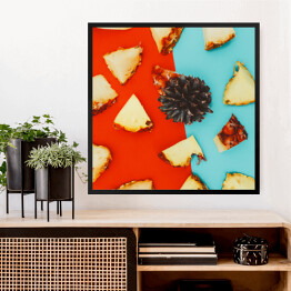 Obraz w ramie Ananas pokrojony na części na kolorowym tle