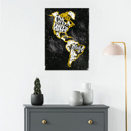 Plakat samoprzylepny Mapa Ameryki - żółty zarys na czarnym tle