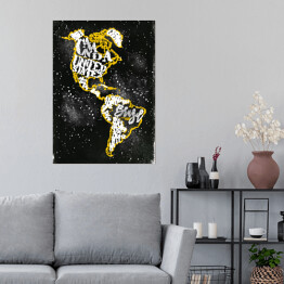 Plakat Mapa Ameryki - żółty zarys na czarnym tle