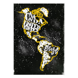 Plakat Mapa Ameryki - żółty zarys na czarnym tle