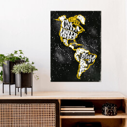 Plakat samoprzylepny Mapa Ameryki - żółty zarys na czarnym tle