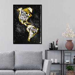 Plakat w ramie Mapa Ameryki - żółty zarys na czarnym tle
