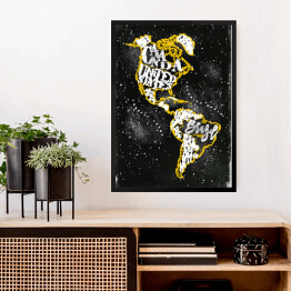 Obraz w ramie Mapa Ameryki - żółty zarys na czarnym tle