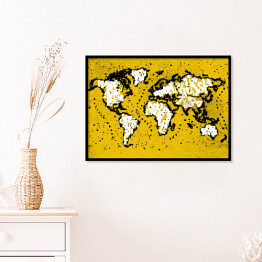 Plakat w ramie Żółta mapa świata - czarny zarys