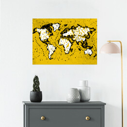 Plakat Żółta mapa świata - czarny zarys