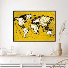 Plakat w ramie Żółta mapa świata - czarny zarys
