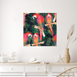Plakat samoprzylepny Akwarela - kolorowe papugi i tropikalne liście