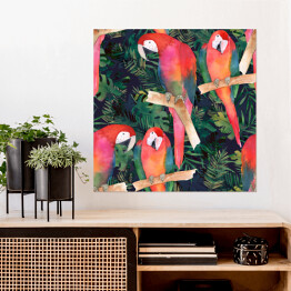 Plakat samoprzylepny Akwarela - kolorowe papugi i tropikalne liście