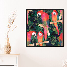 Obraz w ramie Akwarela - kolorowe papugi i tropikalne liście