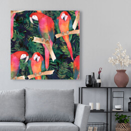 Obraz na płótnie Akwarela - kolorowe papugi i tropikalne liście