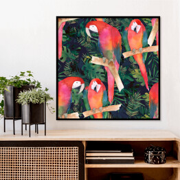 Plakat w ramie Akwarela - kolorowe papugi i tropikalne liście