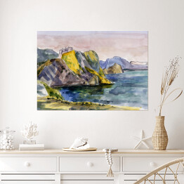 Plakat samoprzylepny Góry i skały na morzu oświetlone promieniami słońca
