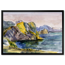Plakat w ramie Góry i skały na morzu oświetlone promieniami słońca