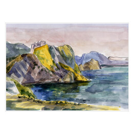 Plakat samoprzylepny Góry i skały na morzu oświetlone promieniami słońca