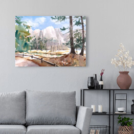 Obraz na płótnie Akwarela - krajobraz z drzewami, rzeką i górami