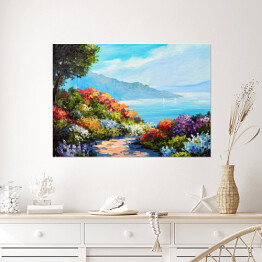 Plakat samoprzylepny Wybrzeże morskie i ścieżka wśród kolorowych kwiatów