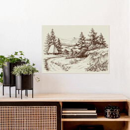 Plakat Rustykalny dom, krajobraz alpejski - szkic