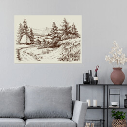 Plakat samoprzylepny Rustykalny dom, krajobraz alpejski - szkic