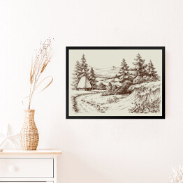 Obraz w ramie Rustykalny dom, krajobraz alpejski - szkic