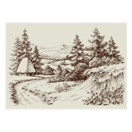 Plakat samoprzylepny Rustykalny dom, krajobraz alpejski - szkic