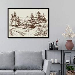 Plakat w ramie Rustykalny dom, krajobraz alpejski - szkic