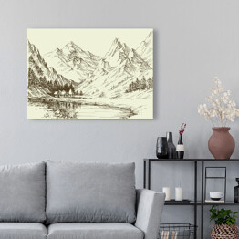 Obraz na płótnie Szkic - górski krajobraz, mały ośrodek alpejski