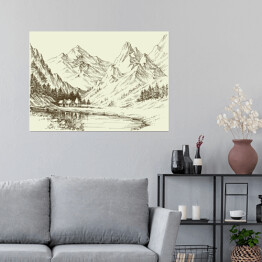 Plakat samoprzylepny Szkic - górski krajobraz, mały ośrodek alpejski
