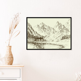 Plakat w ramie Szkic - górski krajobraz, mały ośrodek alpejski