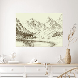 Plakat Szkic - górski krajobraz, mały ośrodek alpejski