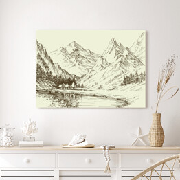 Obraz na płótnie Szkic - górski krajobraz, mały ośrodek alpejski