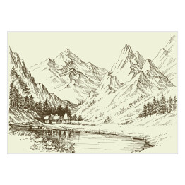 Plakat Szkic - górski krajobraz, mały ośrodek alpejski